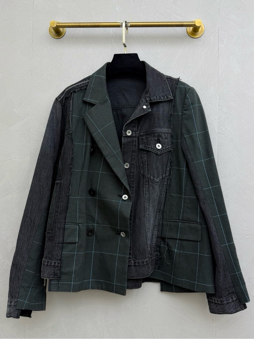 Sacai Dark Green Plaid & Black Patchwork Blazer Jacket